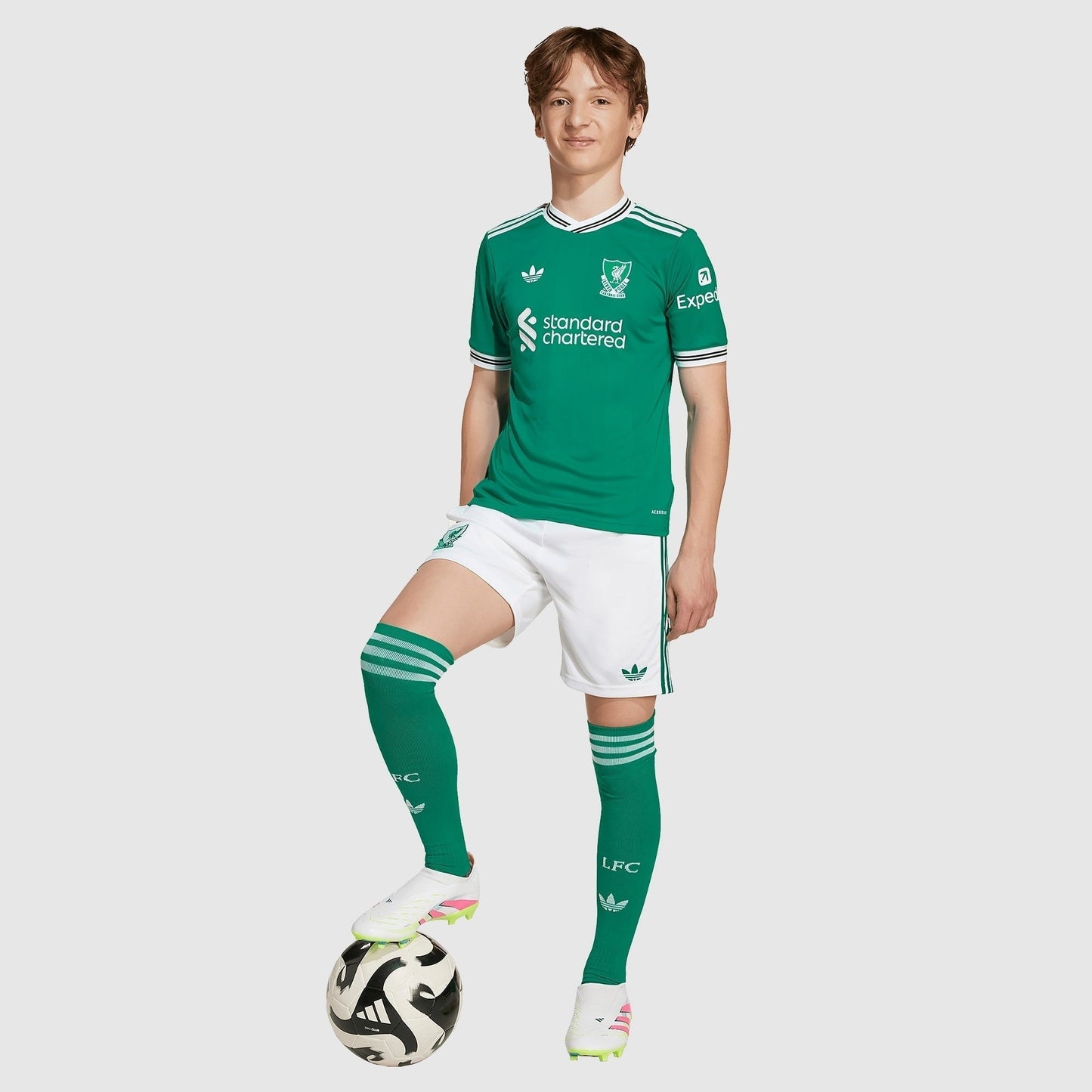 Liverpool 25/26 Third Kids Kit - worn by model with ball