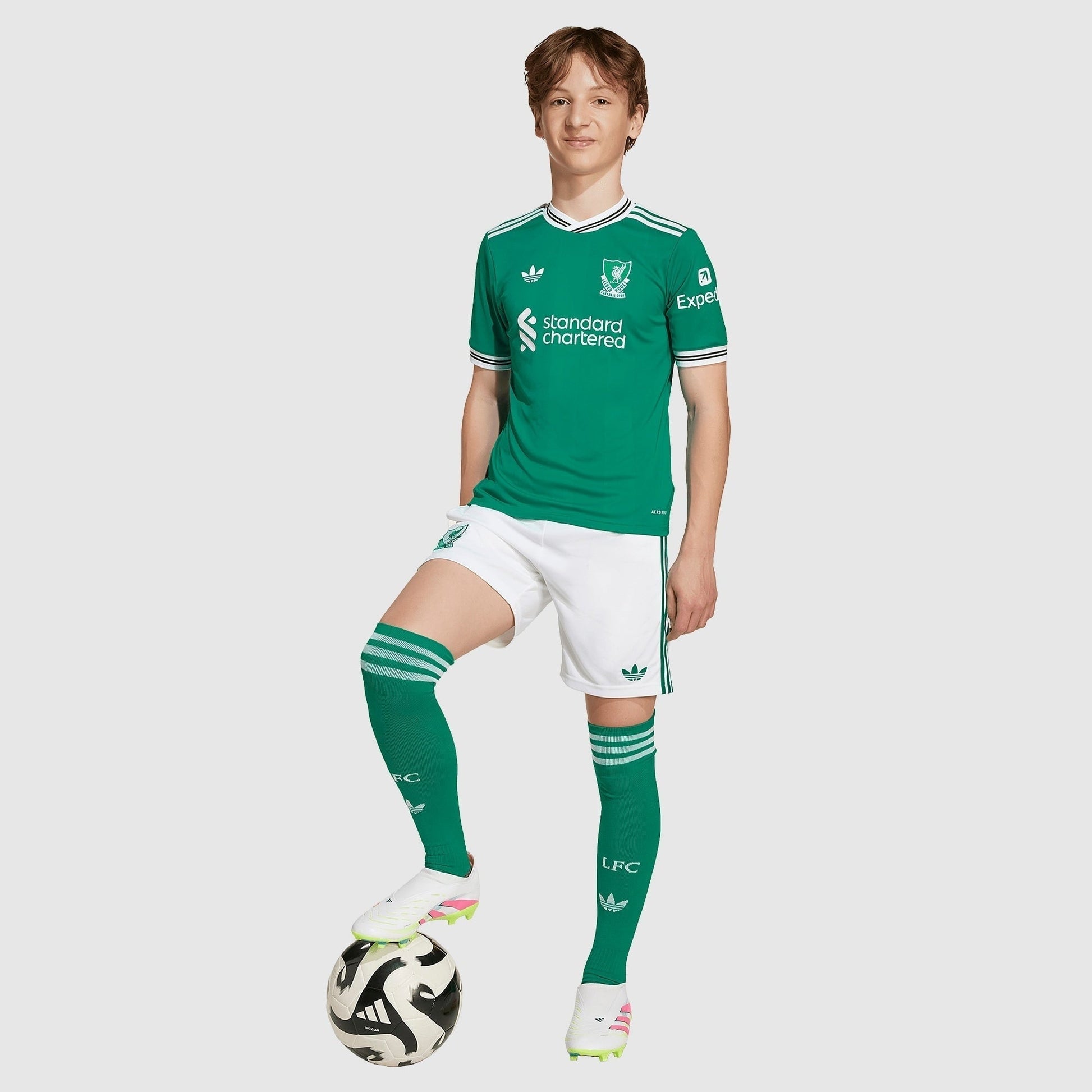 Liverpool 25/26 Third Kids Kit - worn by model with ball