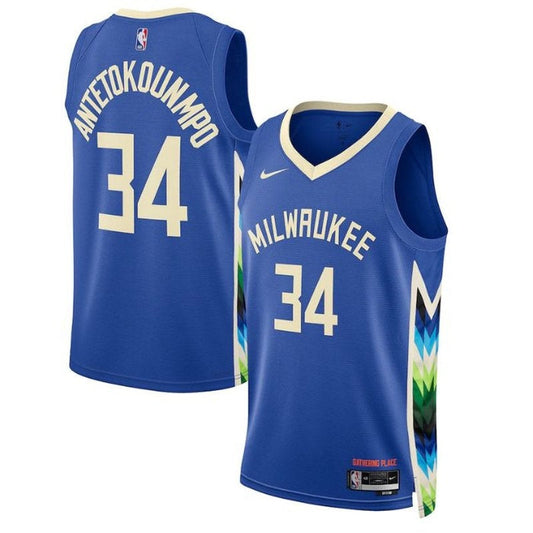 Giannis Antetokounmpo Milwaukee Bucks Camisa NBA Unissex 2023 - City Edition - Royal 